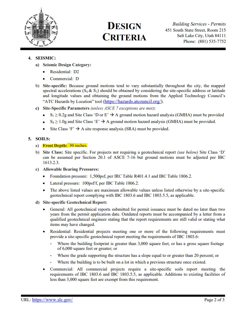 Minimum design criteria for Salt Lake City Utah, including frost depth for all foundations including helical piers in Utah